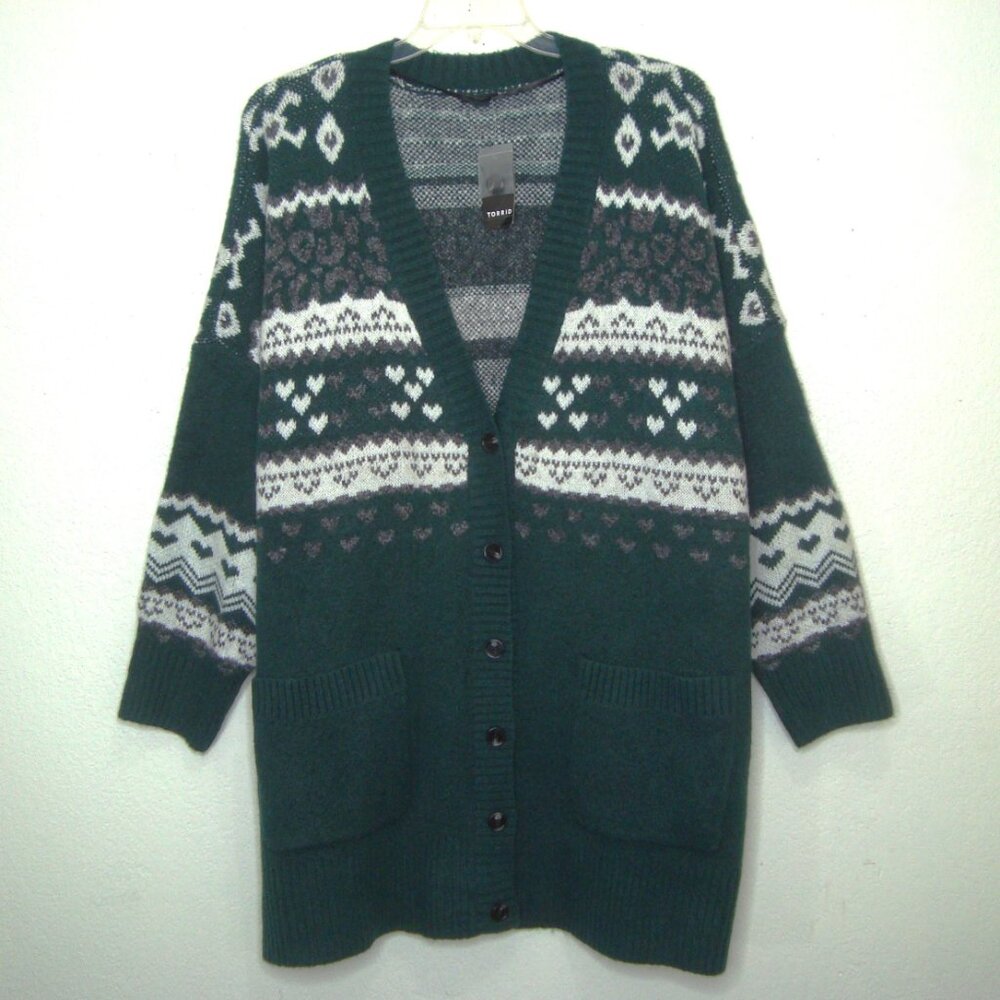 NEW TORRID Vegan Cashmere Boyfriend Cardigan Sweater Leopard Fair Isle Hearts